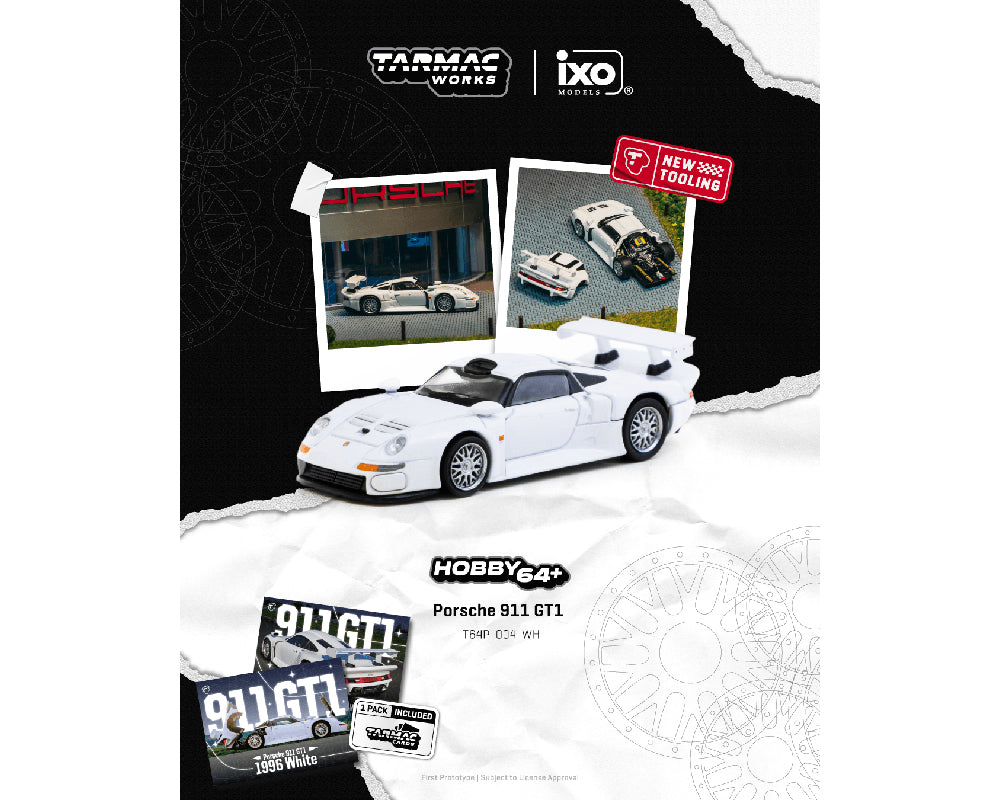 (Preorder) Tarmac Works 1:64 Porsche 911 GT1 w/ Trading Card – White – Hobby64+