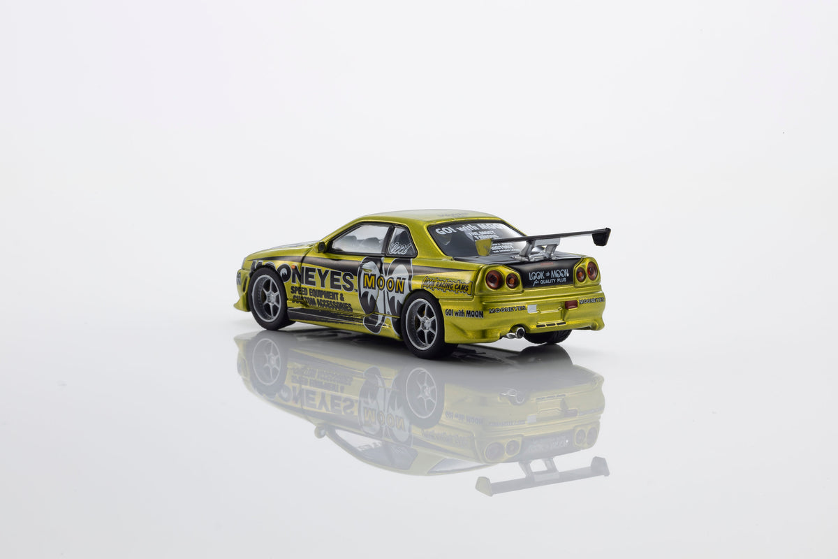 Rear quarter view of white Mooneyes R34 Skyline GT-R 1/64 scale