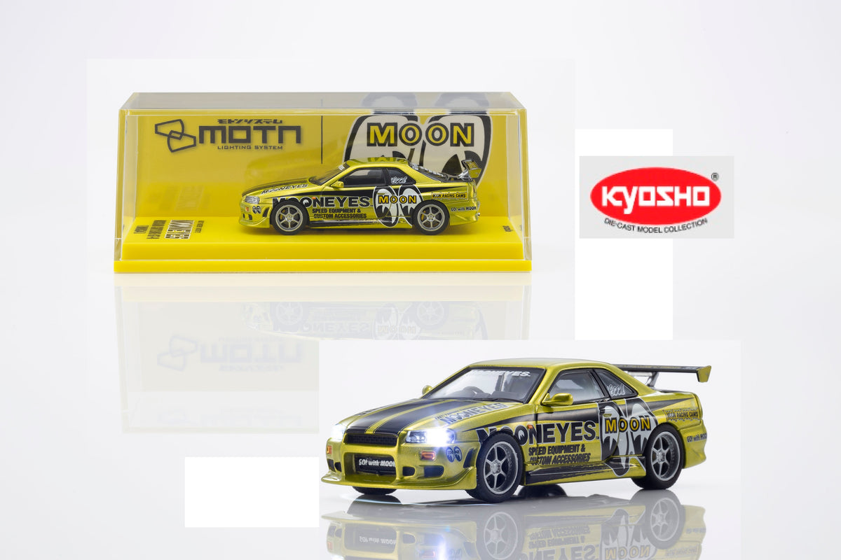 Kyosho 1/64 Nissan Skyline GT-R R34 Mooneyes model front three-quarter view