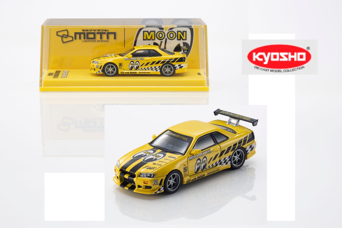 Kyosho 1/64 Nissan Skyline GT-R R34 Mooneyes diecast model front quarter view