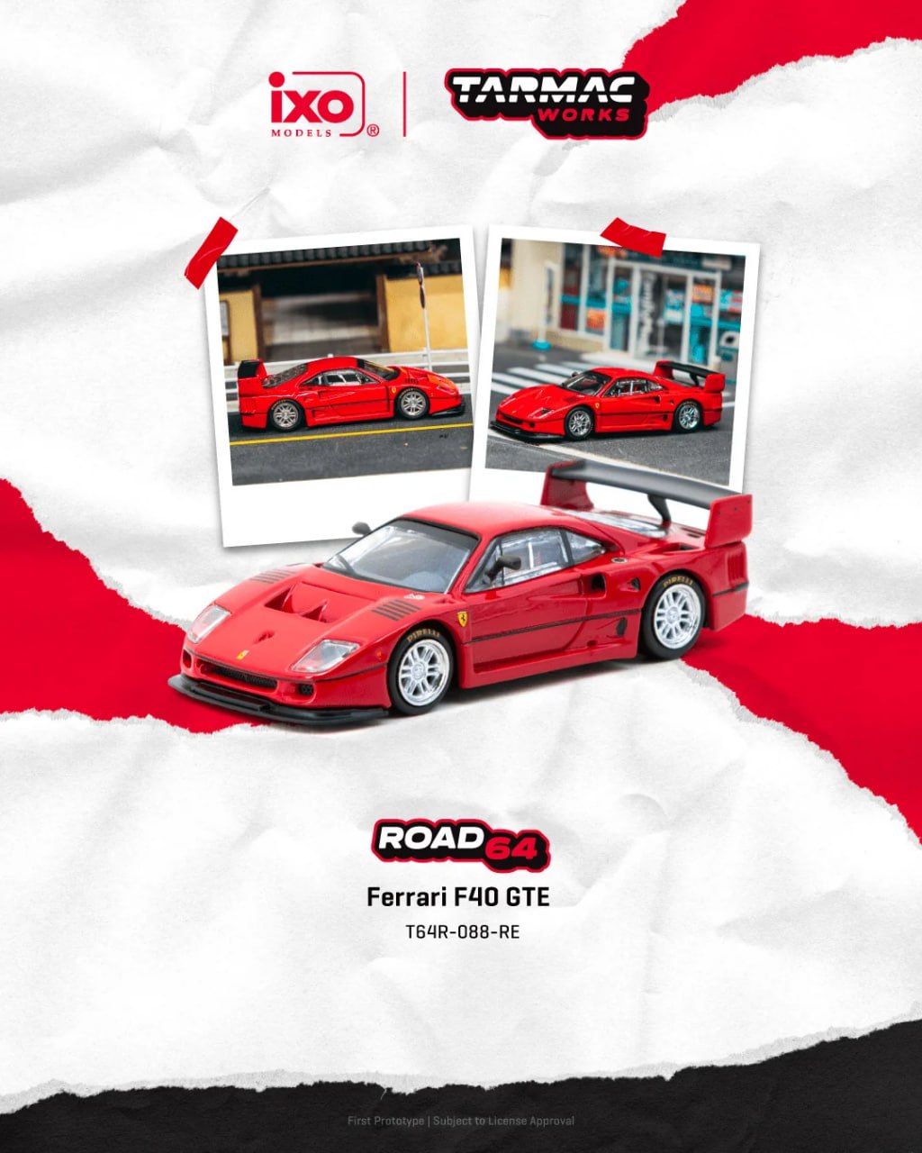Tarmac Works 1/64 Ferrari F40 GTE diecast model in red, acrylic display case
