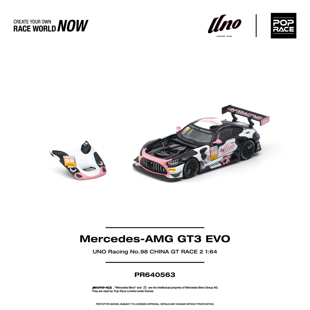 Poprace Mercedes-AMG GT3 EVO UNO Racing No.98 diecast model in 1/64 scale