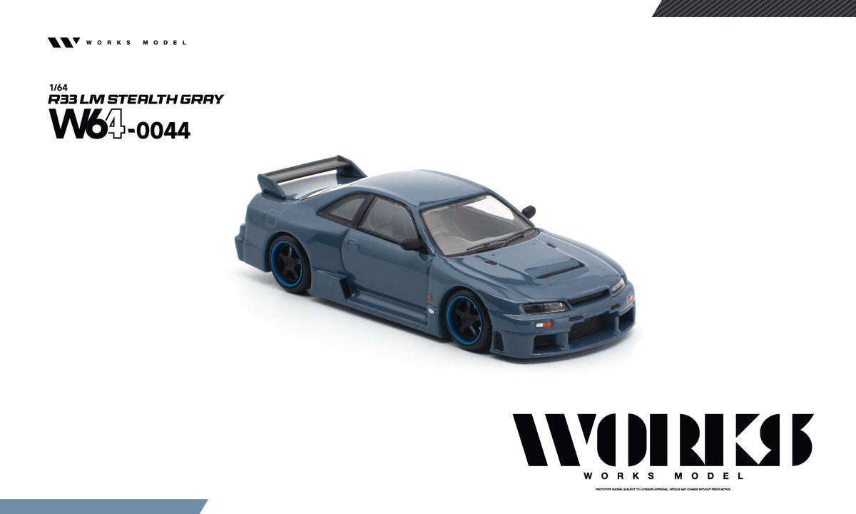 Works R33 LM 1:64 diecast collector car, Stealth Gray finish, rear angle