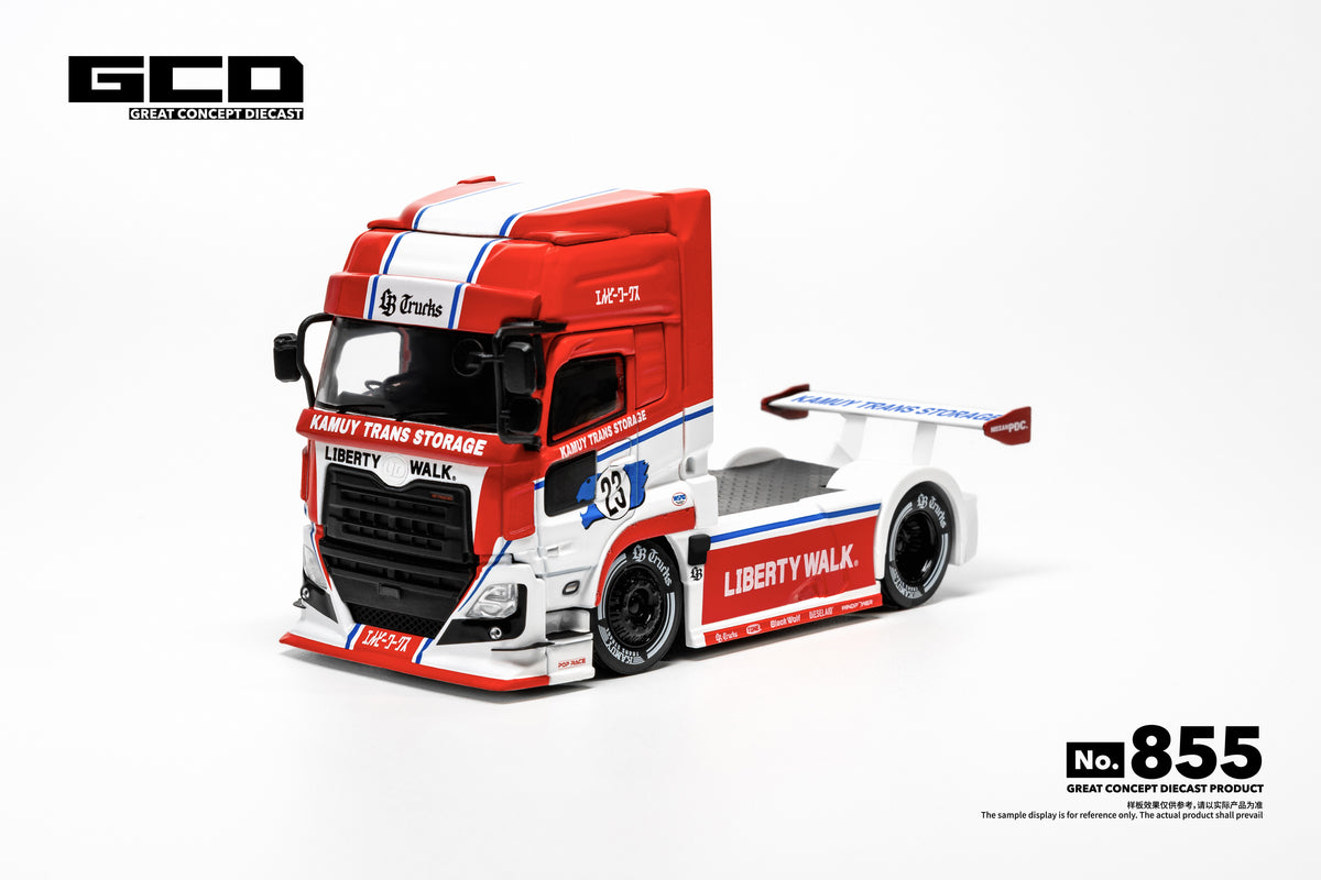 Red and white livery LB-Truck UD Quon diecast model, 1/64 scale by GCD