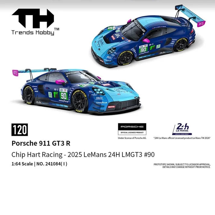 Trends Hobby 1/64 scale Porsche 911 GT3 R race car, LeMans 24H 2025 livery number 90