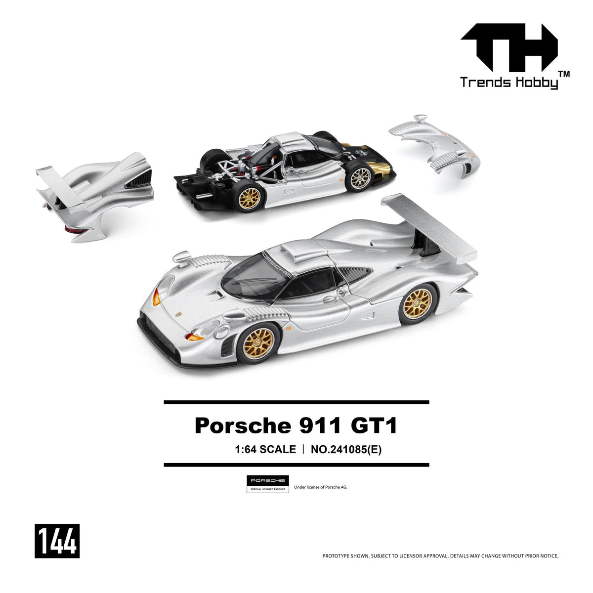 Trends Hobby 1/64 Porsche 911 GT1 1998 silver die-cast model car