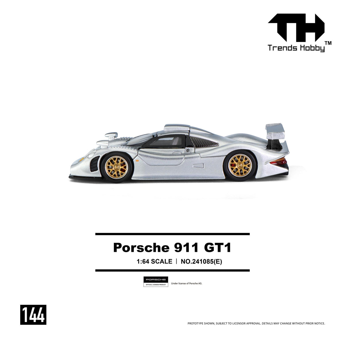 1/64 scale Porsche 911 GT1 1998 model in silver finish