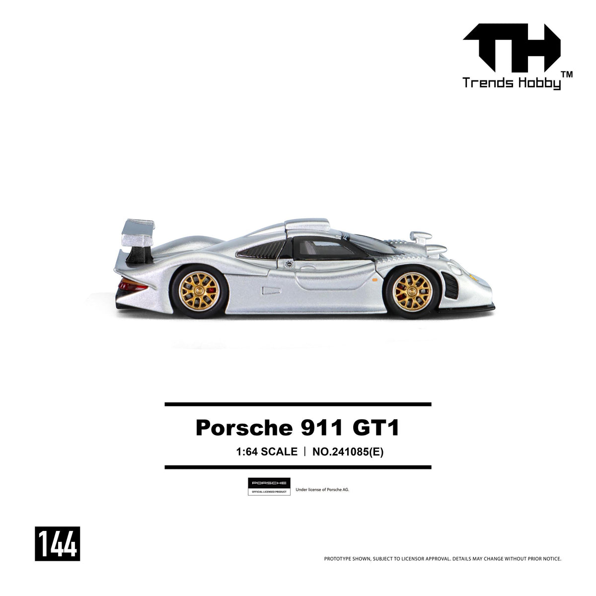 Silver Porsche 911 GT1 race car with white racing livery detail