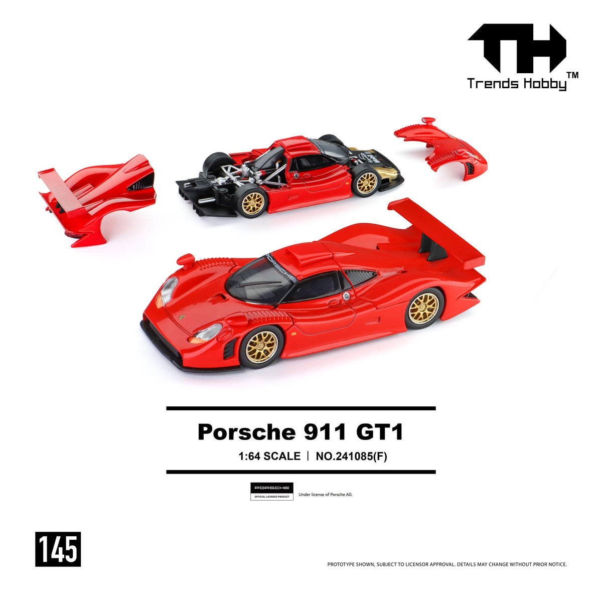 Red Porsche 911 GT1 1998 model in 1/64 scale
