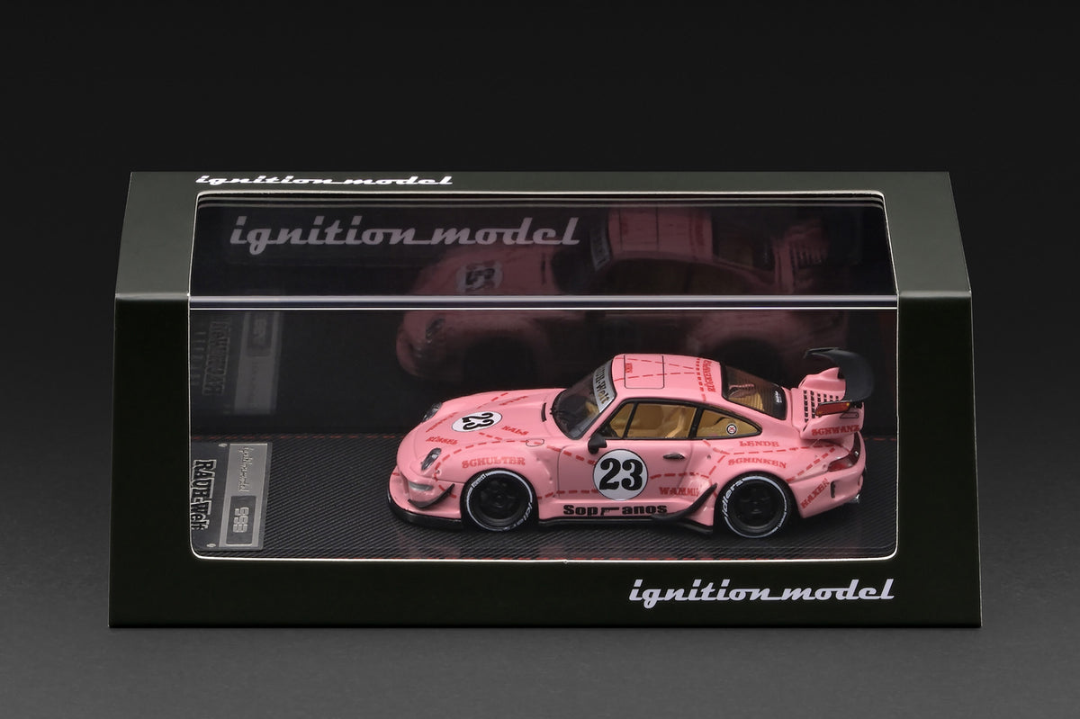 Pink RWB 930 Porsche model car with acrylic case packaging
