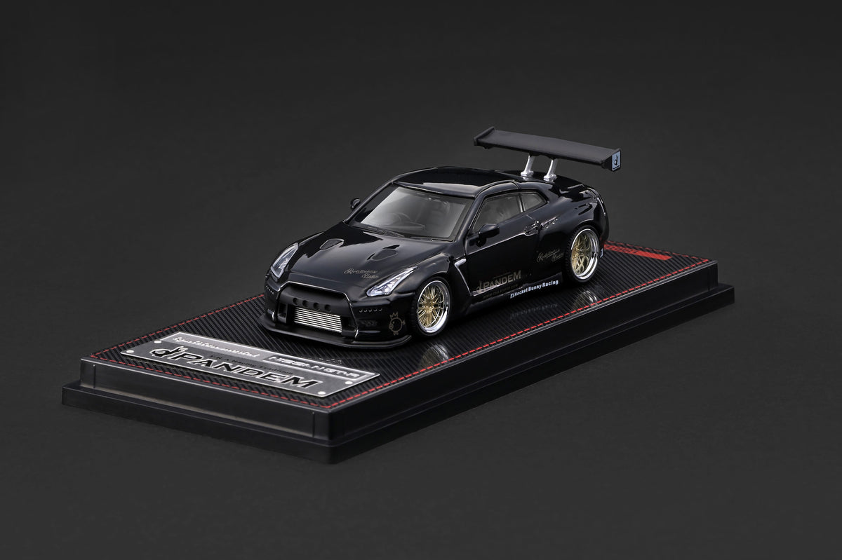 R35 GT-R with Pandem aero kit, gloss black finish, side profile