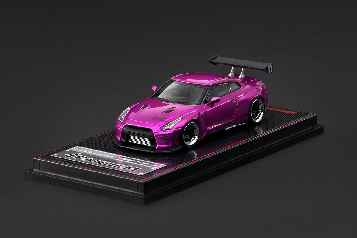Pandem R35 GT-R 1/64 scale model, rear quarter perspective in pink