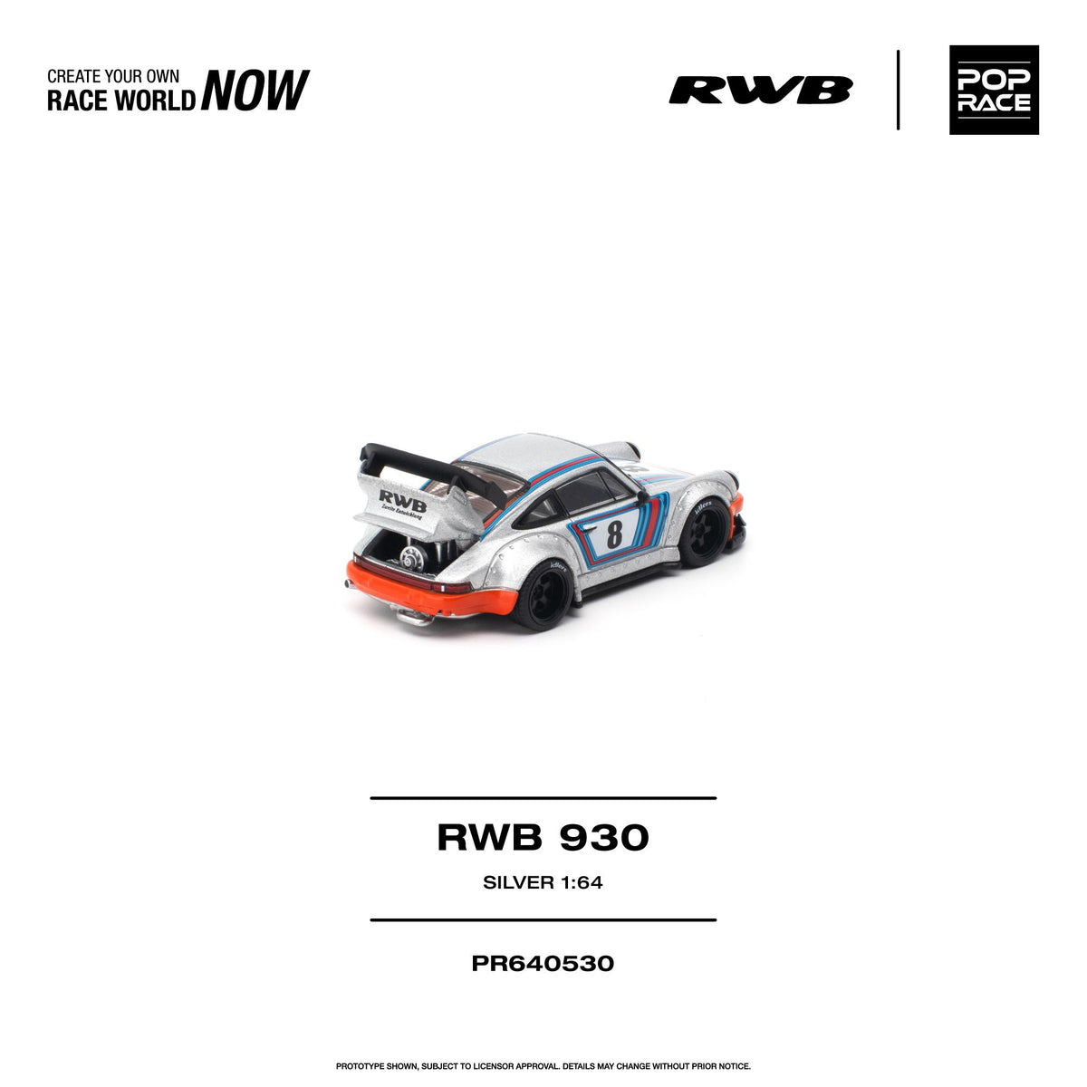 Silver Poprace RWB 930 1/64 scale diecast model, angled front view