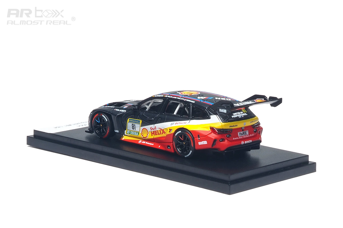 Almost Real 1/64 BMW M3 Touring in white Schubert Motorsport livery, front three-quarter view