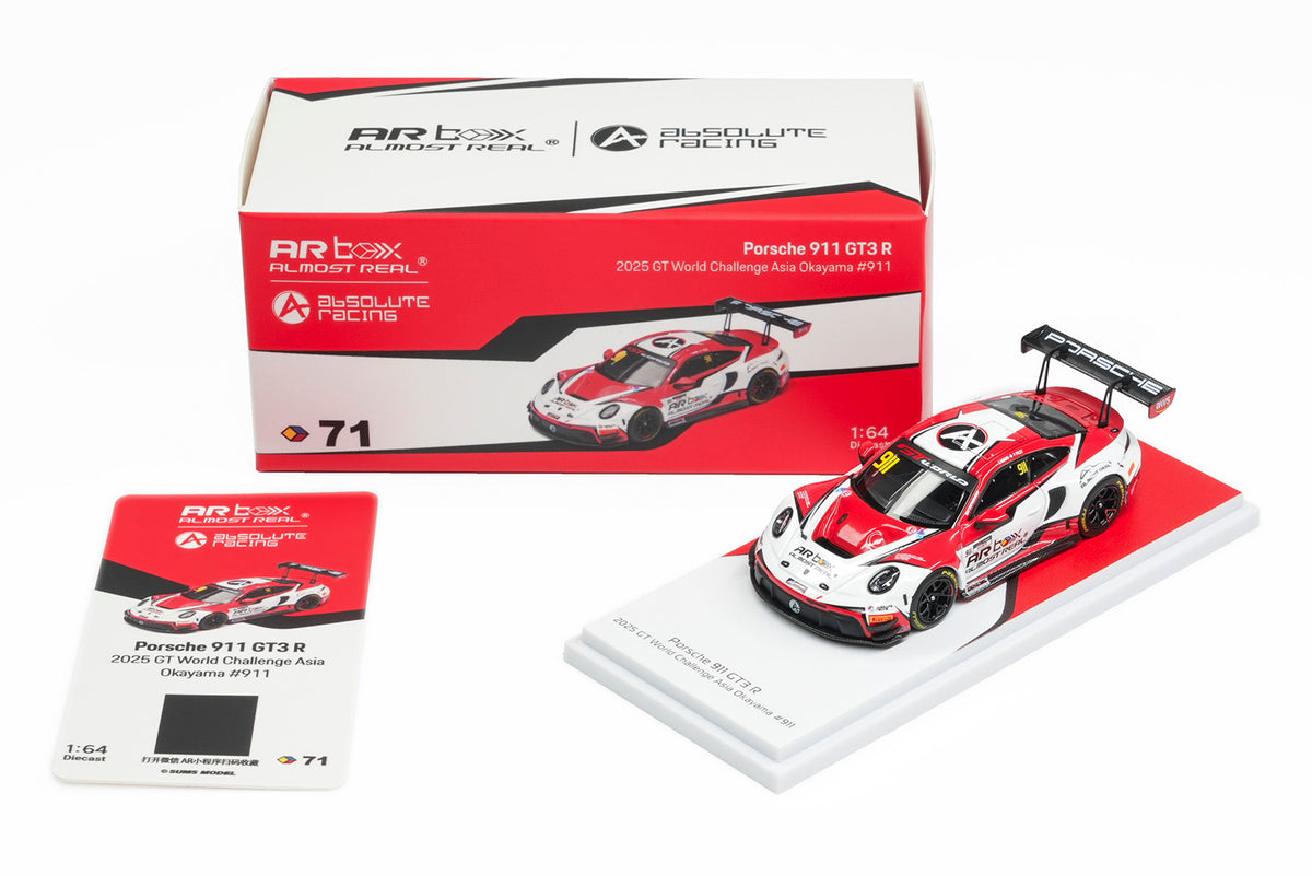 Almost Real 1/64 scale Porsche 911 GT3 R racing model in acrylic box