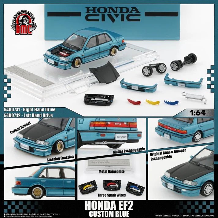 BM Creations 1/64 HONDA CIVIC EF2 1991 - Custom Blue with Black Bonnet LHD 64B0472 1:64 diecast model