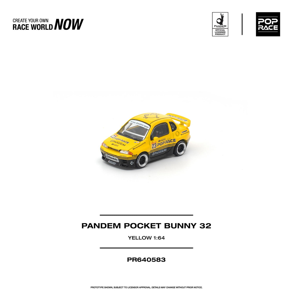 Yellow Pocket Bunny 32 model car from Poprace, 1/64 scale