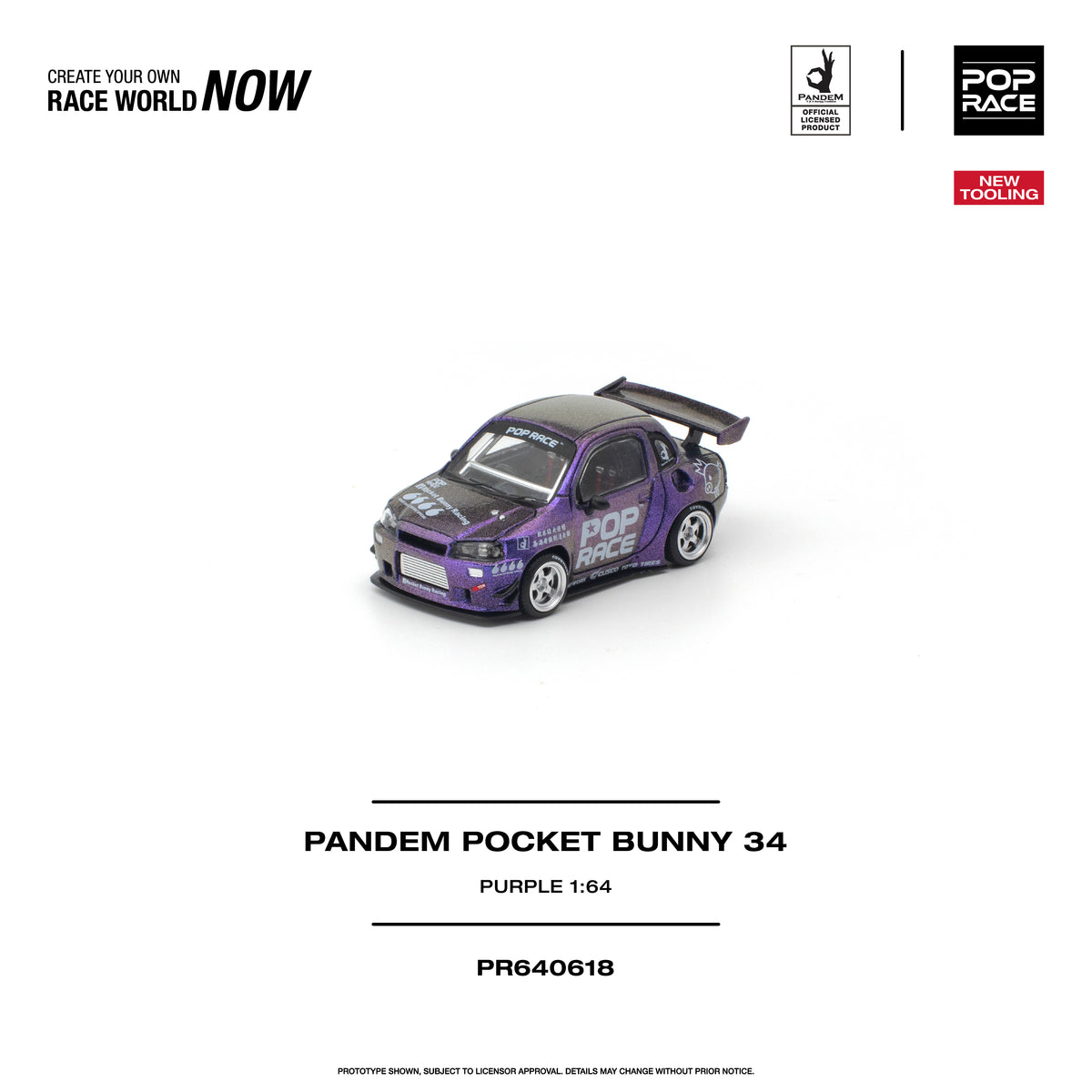 Purple Pandem Pocket Bunny R34 diecast model, side profile view