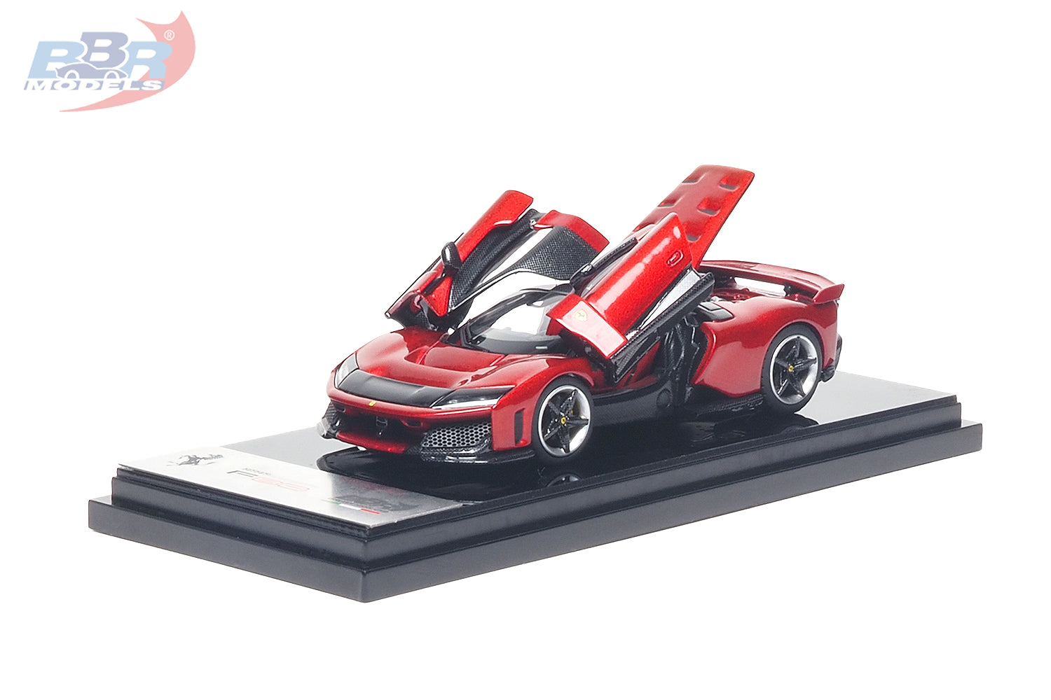 Front view of BBR 1/64 Ferrari F80 Rosso Supercar model with open doors on a display base