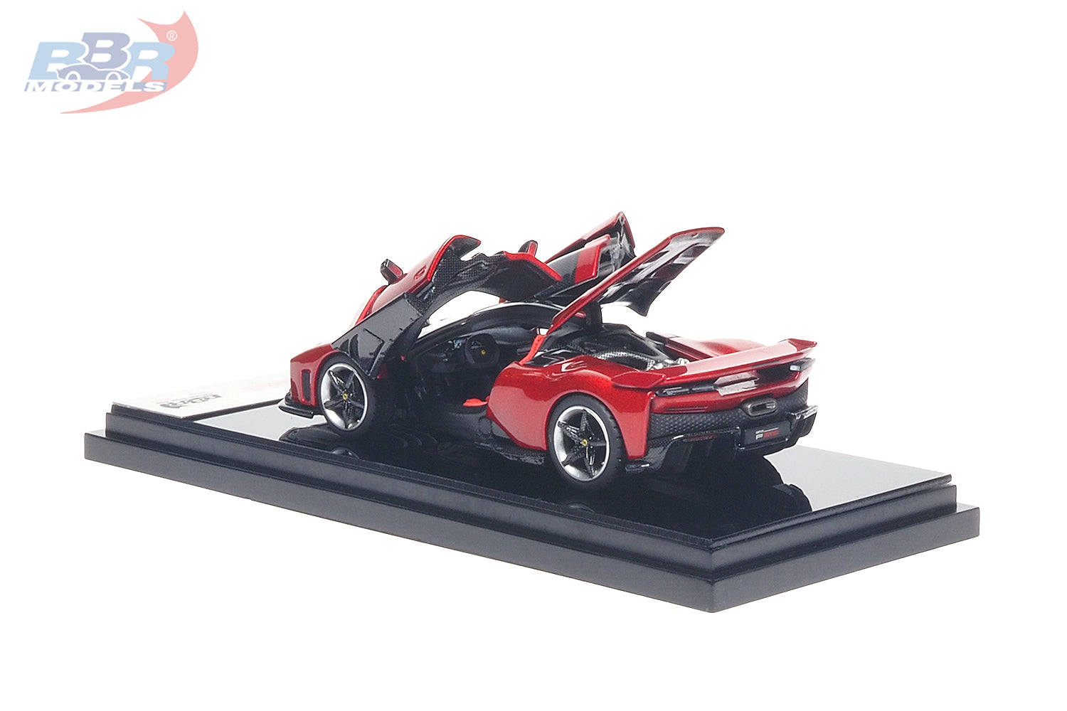 Rear view of BBR 1/64 Ferrari F80 Rosso Supercar model with open doors and engine cover