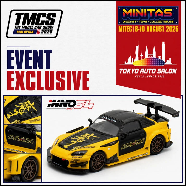 White Inno64 1/64 Honda S2000 with J's Racing livery and Tokyo Auto Salon Kuala Lumpur 2025 branding