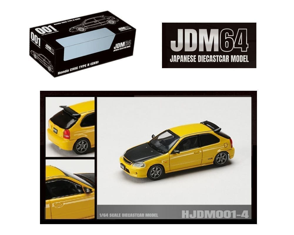 Hobby Japan 1:64 Honda Civic Type R (EK9) JDM Style – Sunlight Yellow with Carbon Hood – JDM64
