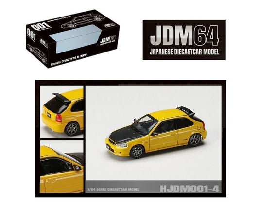 Hobby Japan 1:64 Honda Civic Type R (EK9) JDM Style – Sunlight Yellow with Carbon Hood – JDM64