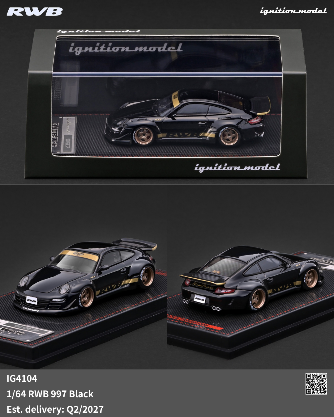 Black RWB-widebody Porsche 997 in 1/64 scale diecast model