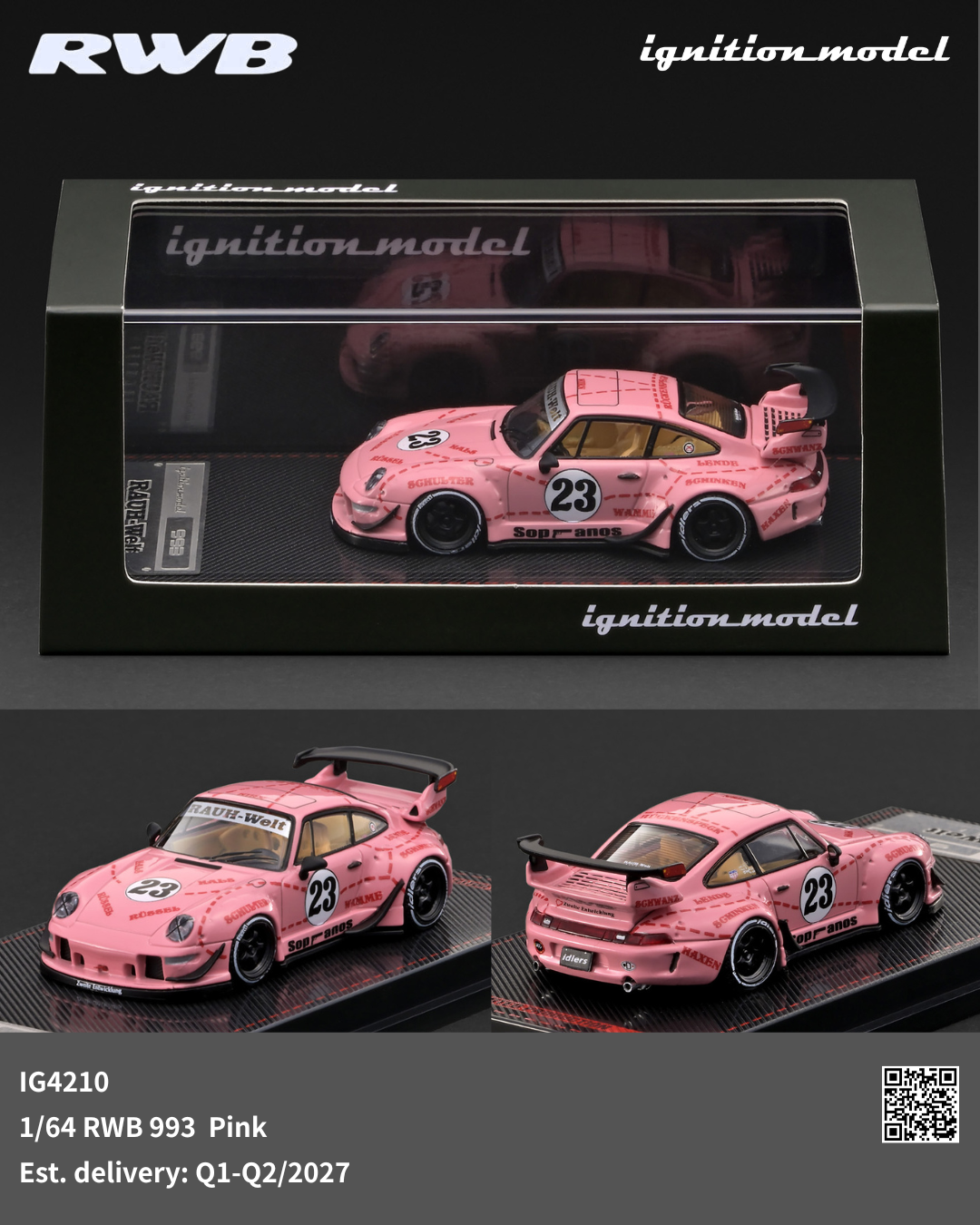 Ignition Model 1/64 RWB 993 in pink, three-quarter front angle