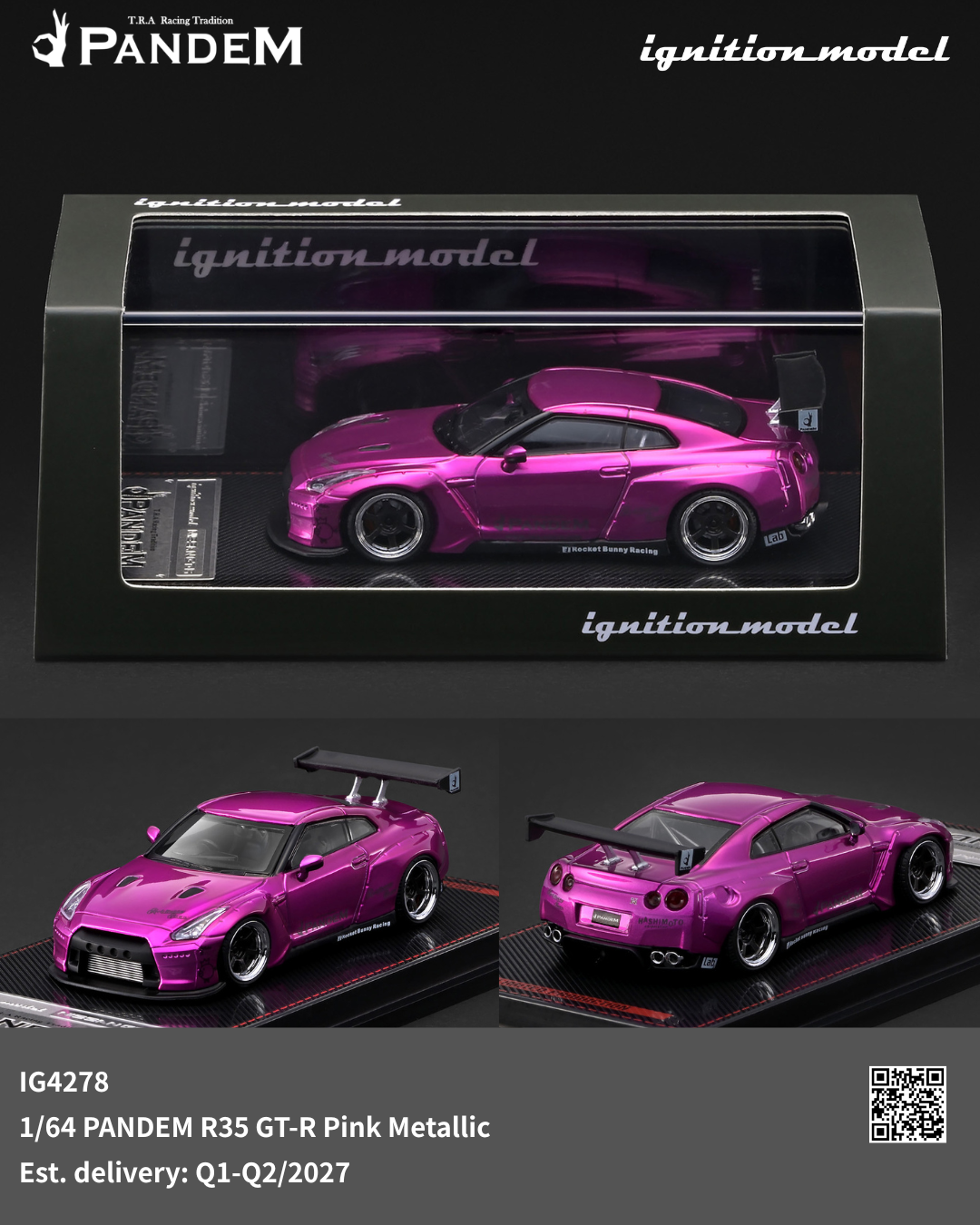 Ignition Model 1/64 Pandem R35 GT-R in Pink Metallic, three-quarter front view