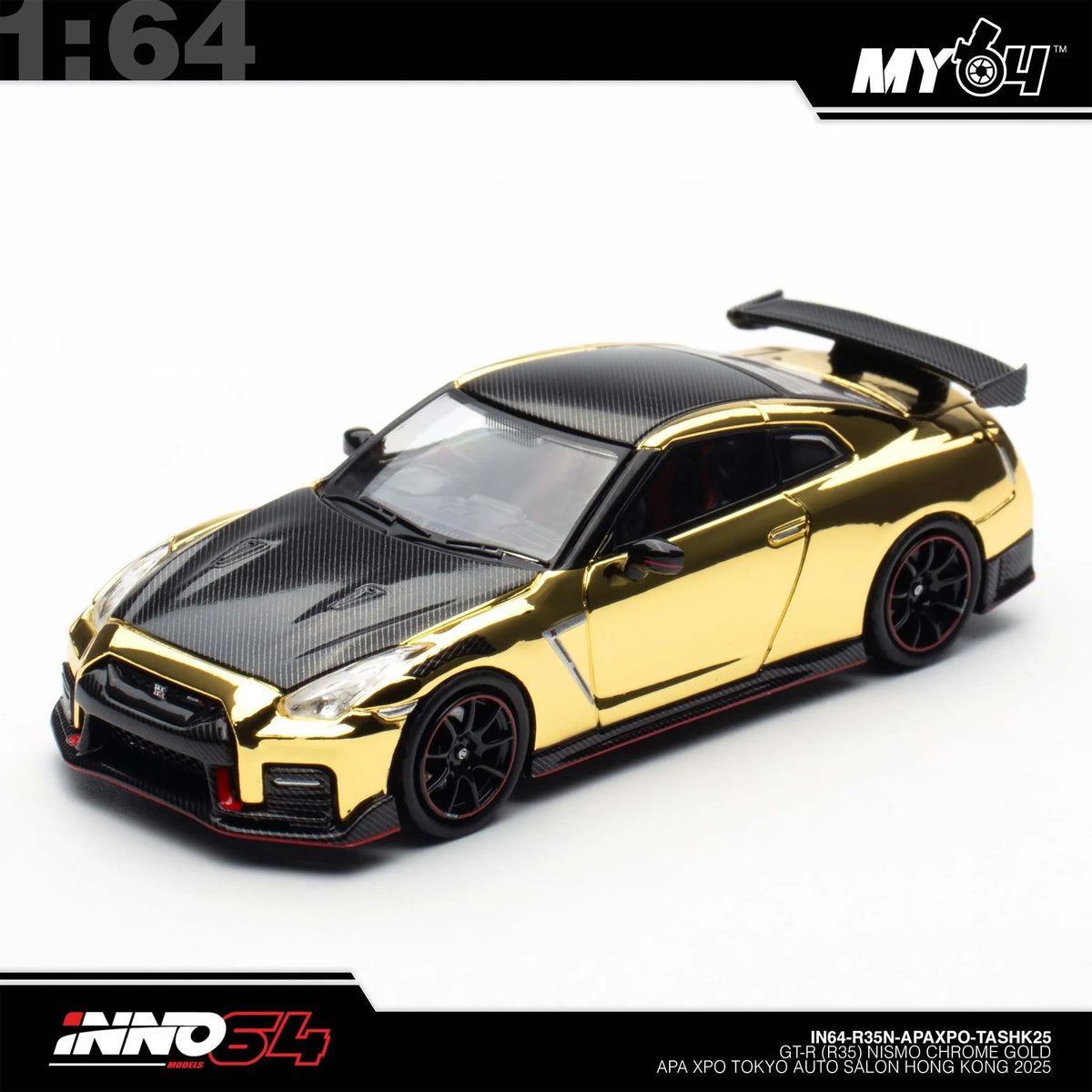 Inno64 1/64 Nissan GT-R R35 Nismo in Chrome Gold with APAExpo Tokyo Auto Salon Hong Kong 2025 livery