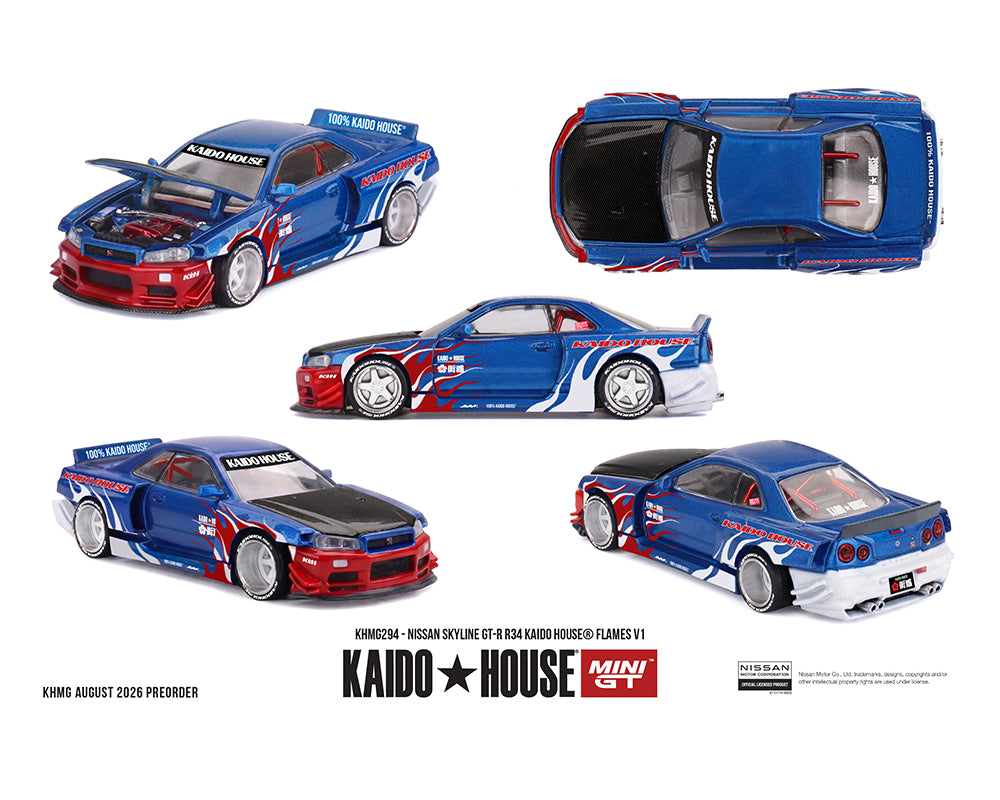 Kaido House x Mini GT 1/64 Nissan Skyline GT-R R34 with Kaido House Flames livery V1