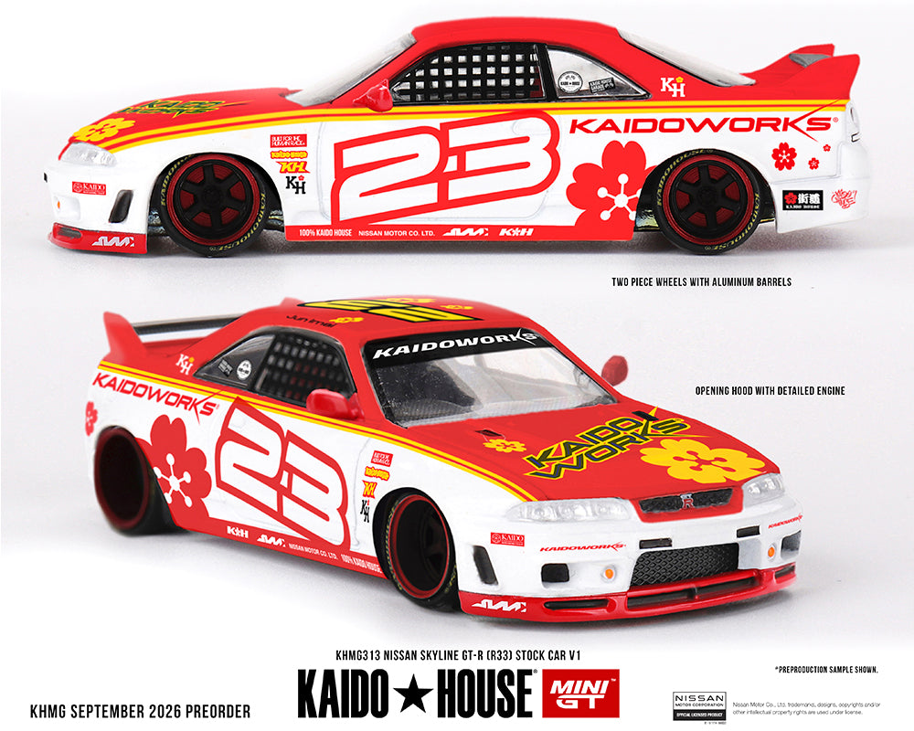 White and red two-tone 1/64 scale R33 GT-R Kaido Stock Car V1 from Kaido House x Mini GT