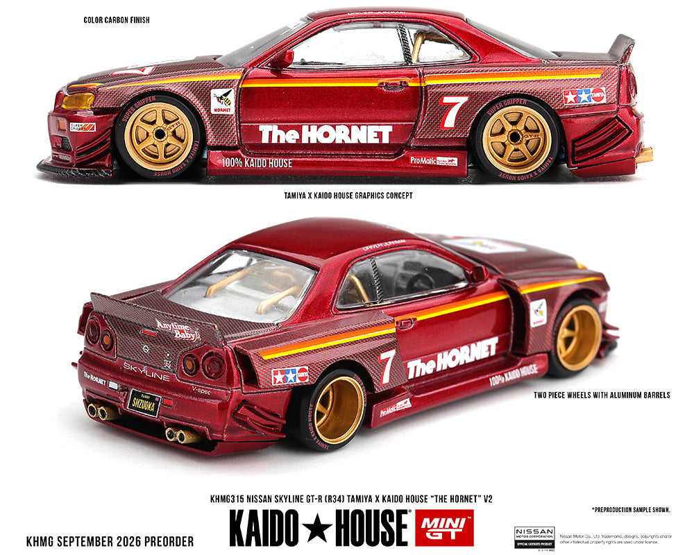 R34 Skyline GT-R diecast model showing Hornet V2 livery and red carbon finish from above