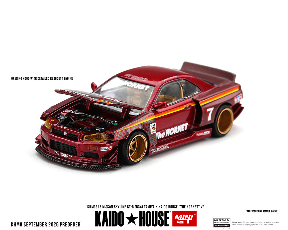 Kaido House Mini GT 1/64 Nissan Skyline GT-R R34 Tamiya Kaido House The Hornet V2 in M. Red Carbon