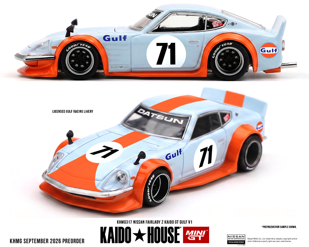 Blue Kaido GT Fairlady Z model car with Gulf livery, 1/64 scale