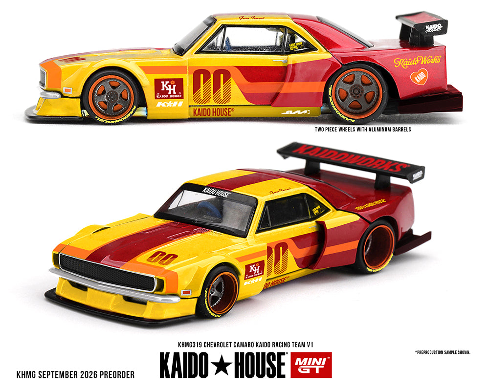 Kaido House Mini GT 1/64 Chevrolet Camaro Kaido Racing Team V1 red with yellow two-tone livery
