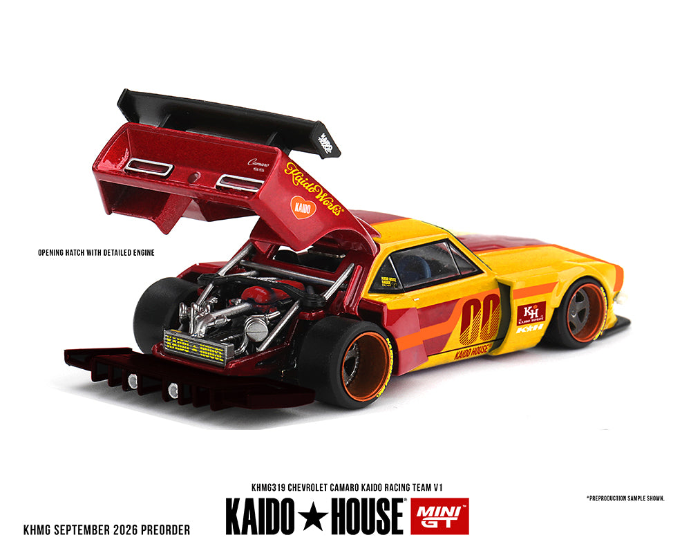 Red and yellow Chevrolet Camaro diecast model 1/64 scale Kaido House collaboration boxed