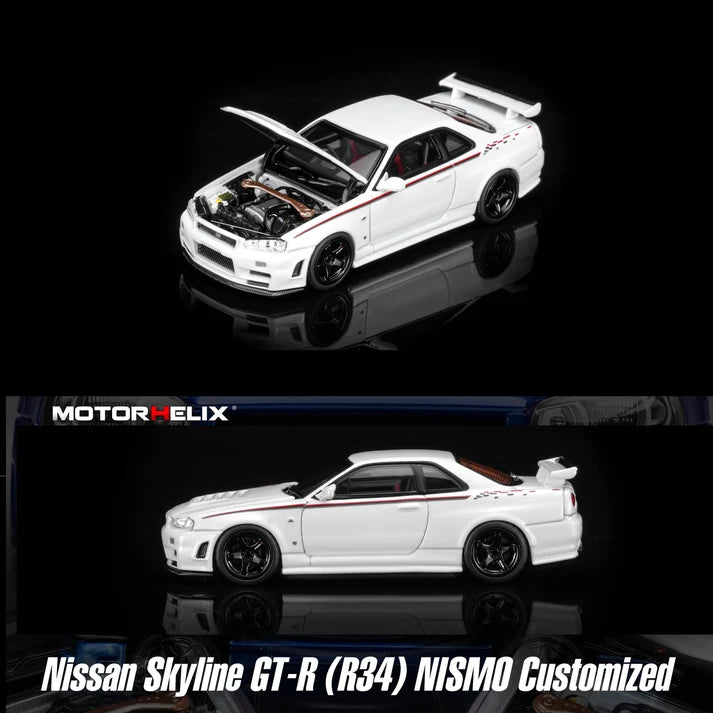 Motorhelix 1/64 scale Nissan GT-R R34 NISMO in white pearl