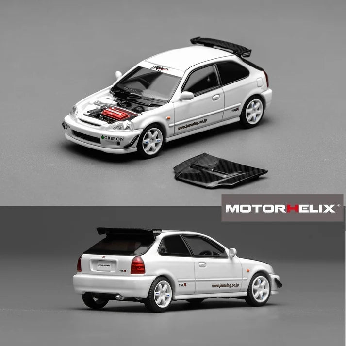 Motorhelix 1/64 scale Honda Civic TYPE R EK9 in white J's Racing livery
