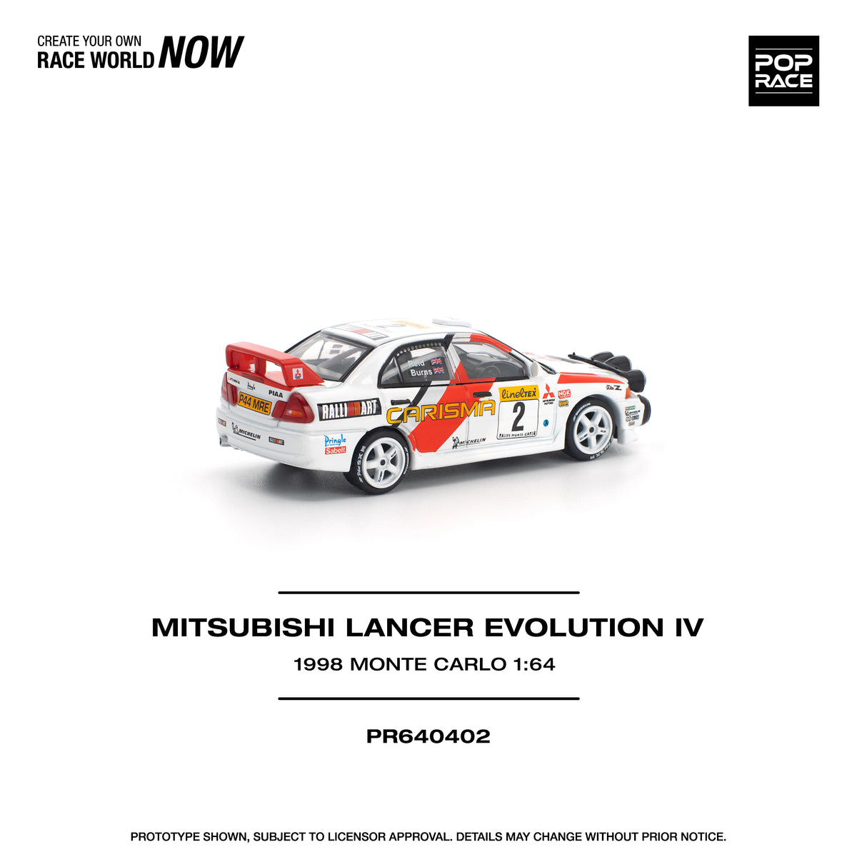 Evolution IV rally car with red and blue Monte Carlo branding, 1:64 scale