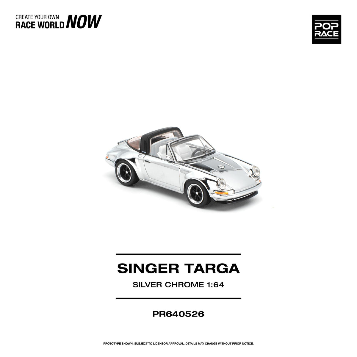 Silver chrome Singer Targa model car by Poprace at 1/64 scale, side profile