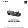 Pop Race 1/64 R32 GT-R in dark chrome finish, side profile view