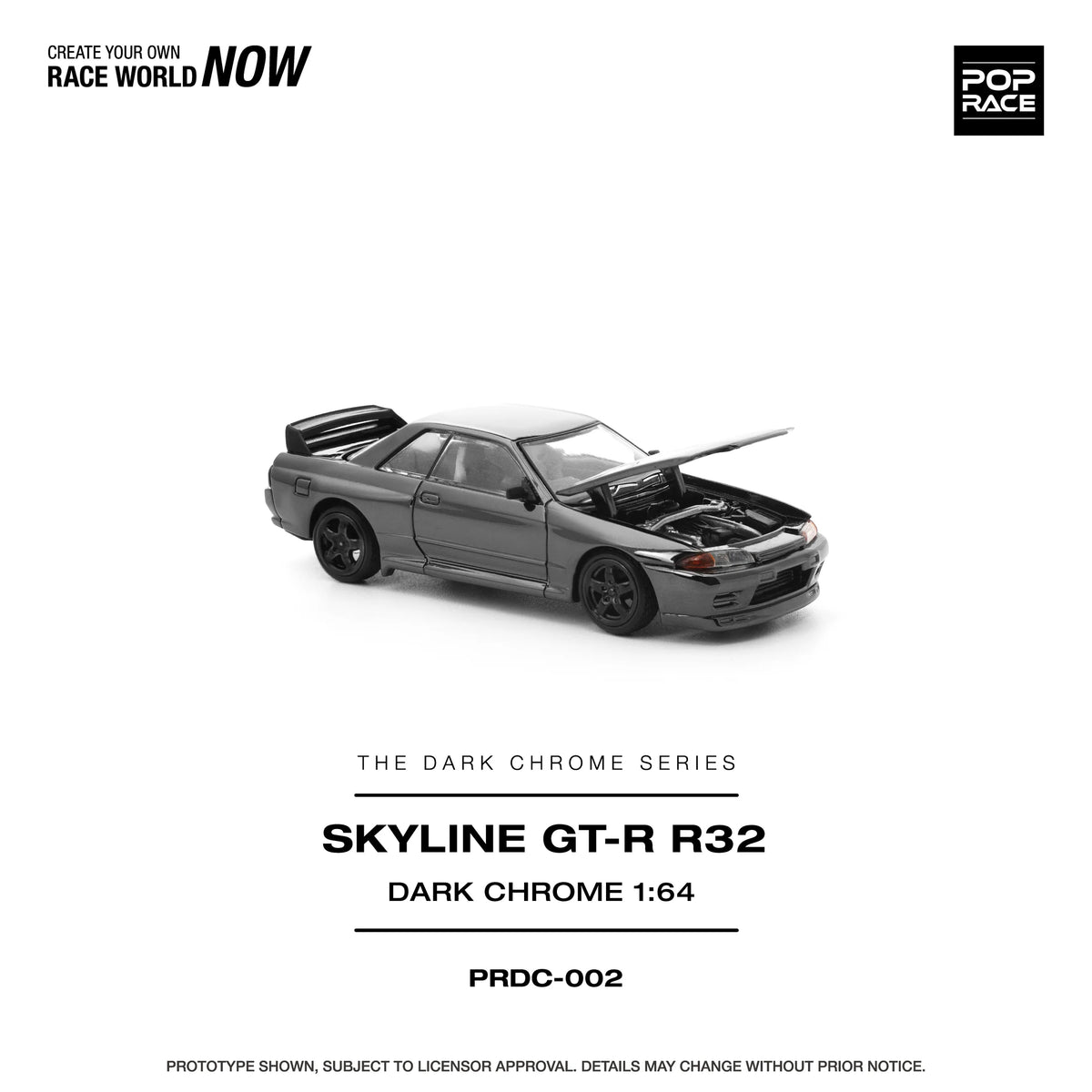 Pop Race 1/64 R32 GT-R in dark chrome finish, side profile view