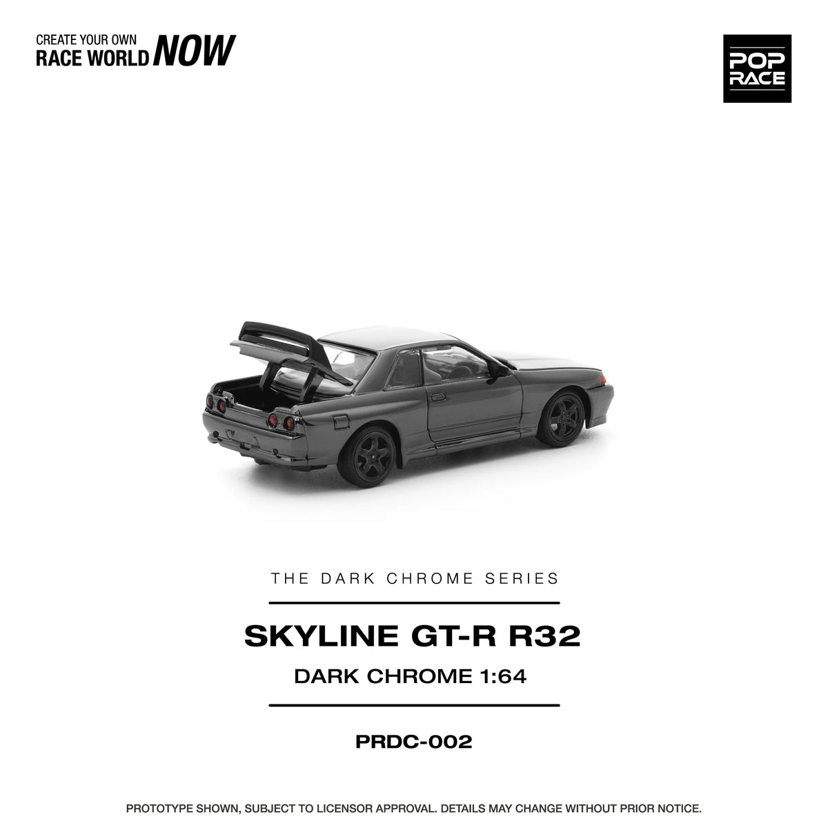 Pop Race R32 GT-R 1/64 scale model in dark chrome with paper packaging