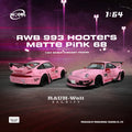 Matte pink RWB-widebody Porsche 993 1/64 scale diecast model, Hooters livery