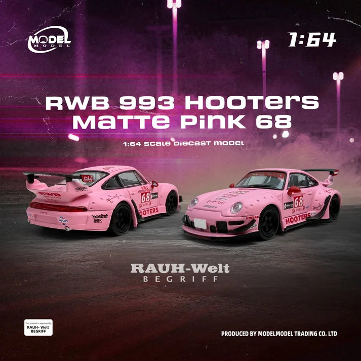 Matte pink RWB-widebody Porsche 993 1/64 scale diecast model, Hooters livery