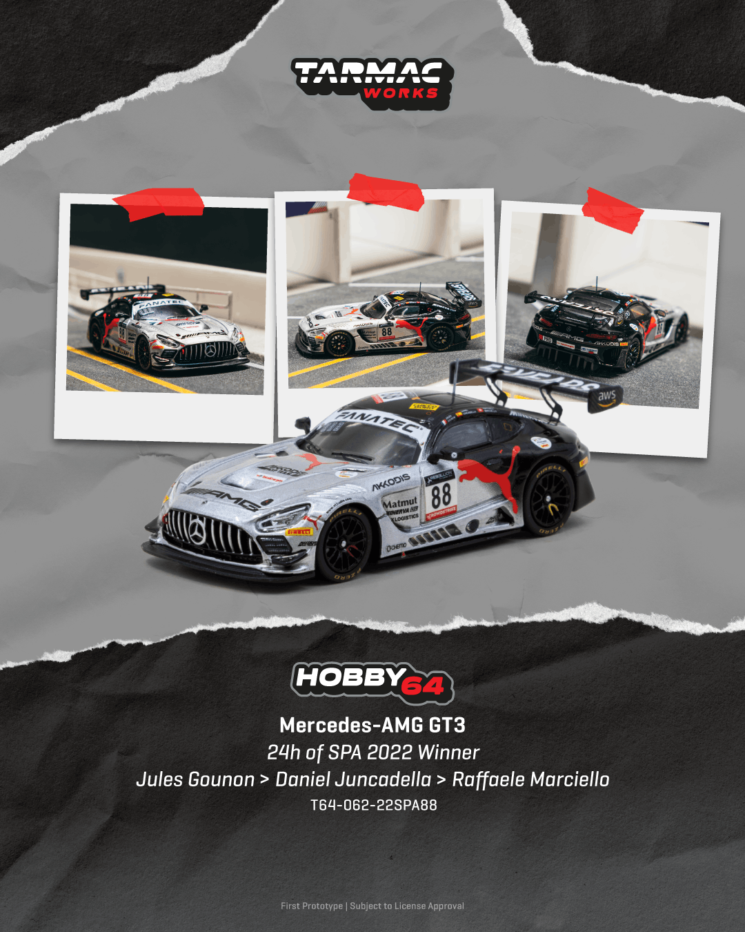 White Mercedes-AMG GT3 race car with SPA 2022 24-hour livery, 1/64 scale