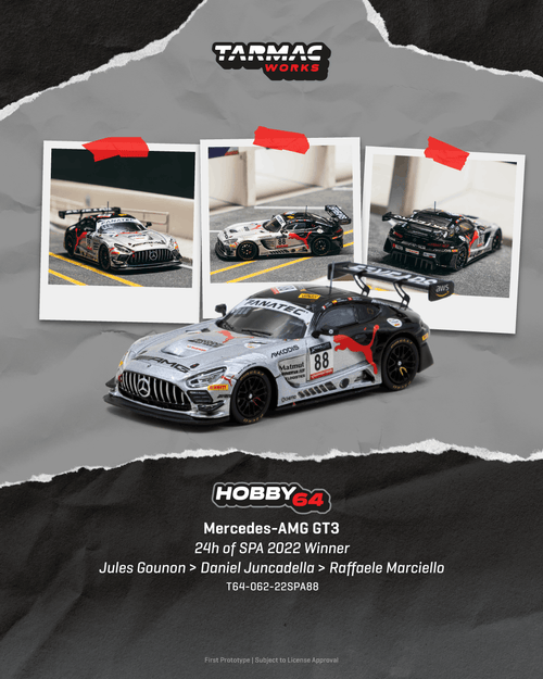 Tarmac Works 1/64 Mercedes-AMG GT3 race car in white and green 24H Spa 2022 winner livery