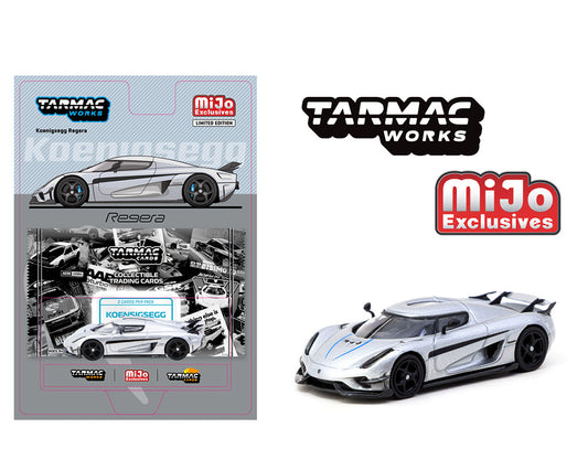 (Preorder) Tarmac Works 1:64 Koenigsegg Regera with Trading Cards Pack – Silver – Global64 Tarmac Cards – MiJo Exclusives Limited Edition